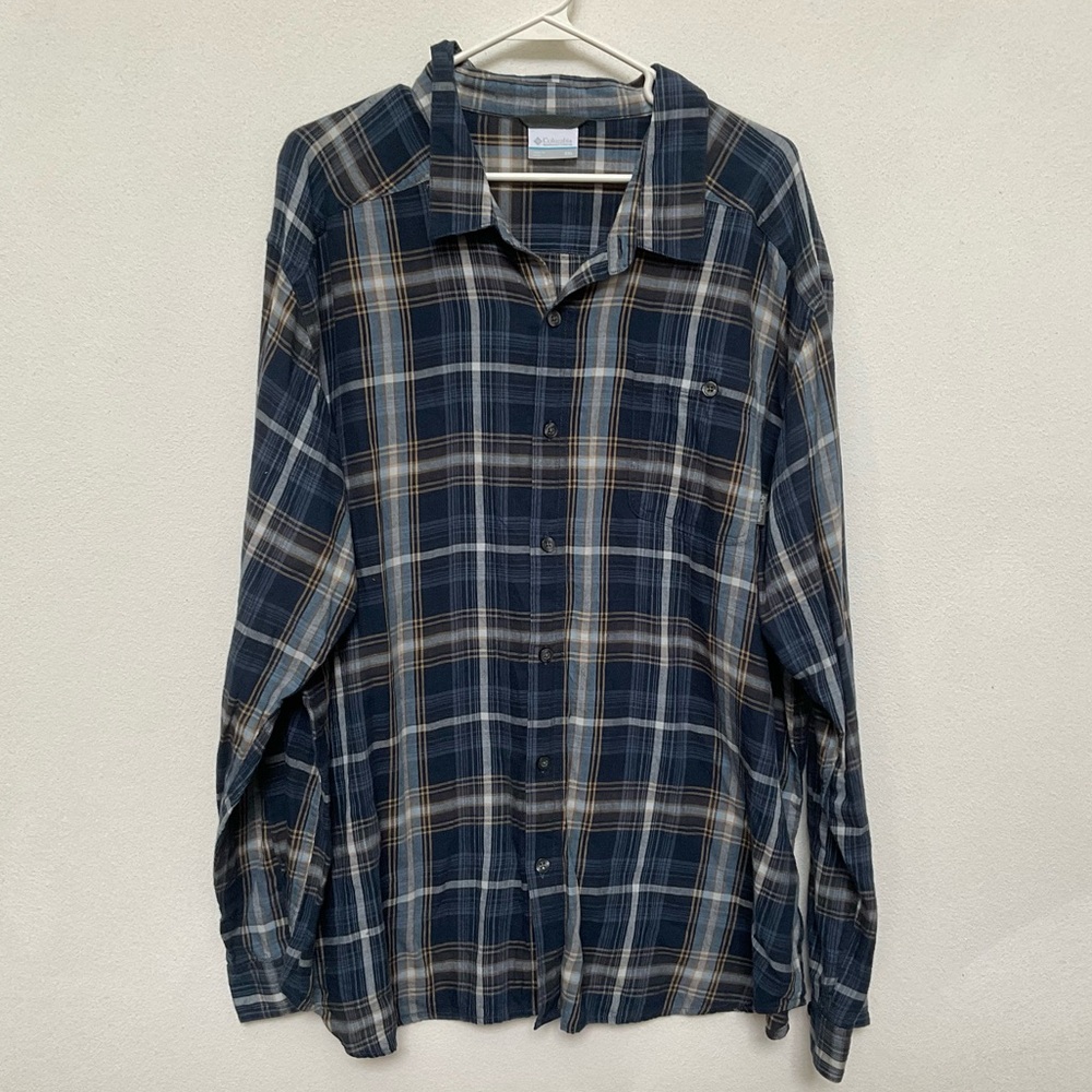 Columbia Blue, Gold Plaid Long Sleeve Button Dowm Shirt Size XXL Men's